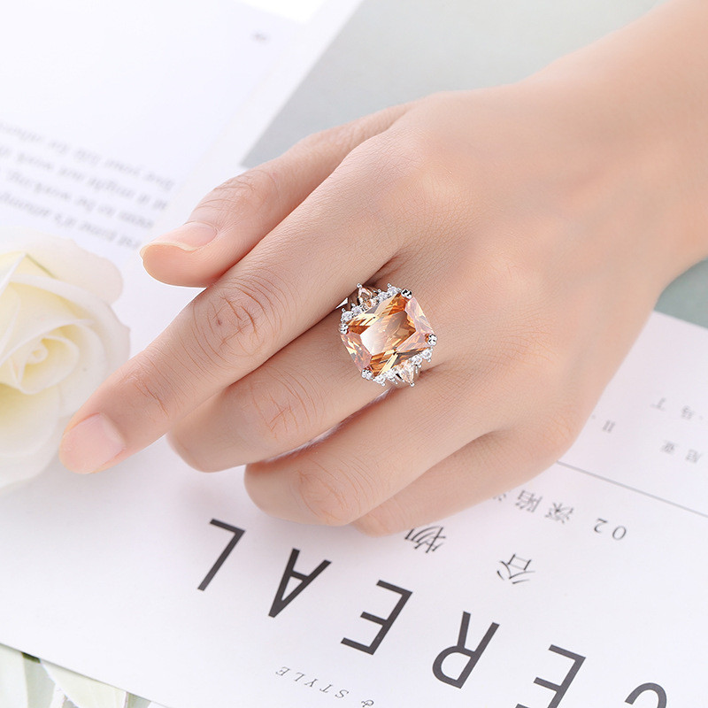 Woman Trendy Super Huge Genuine Morganite Gemstone Silver Wedding Ring Size 6-10