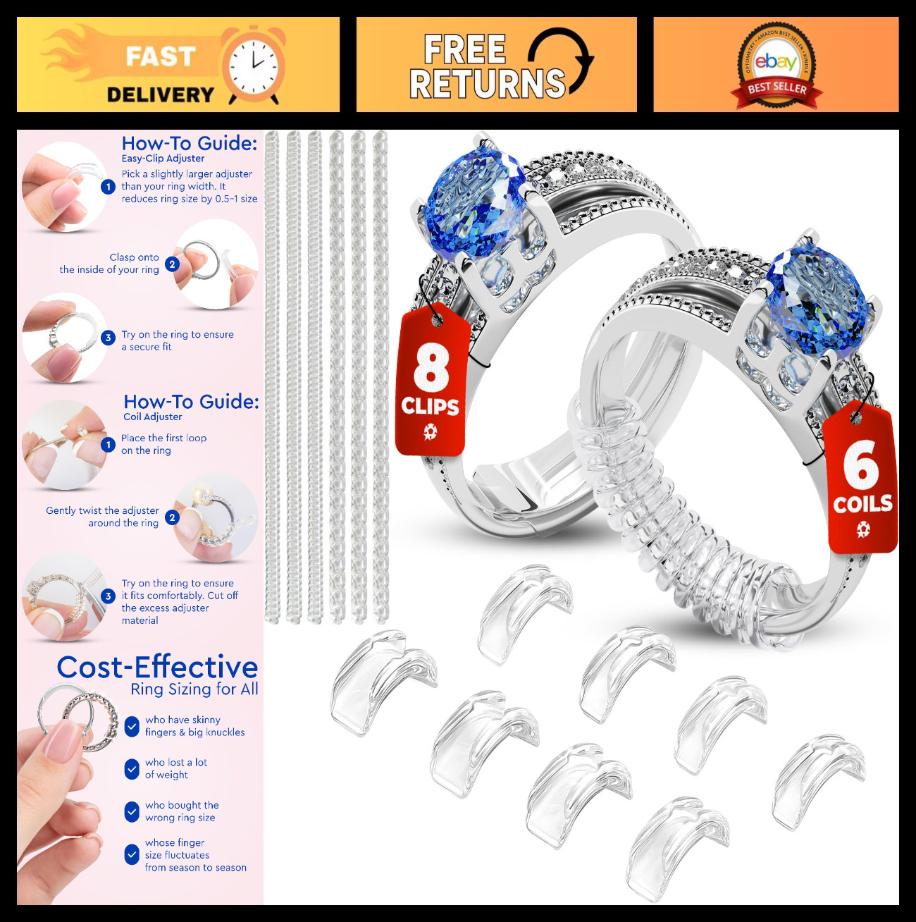 Adjustable Ring Sizers – 8 Easy-Clip & 6 Coil Adjusters – Ring Guards for Loose