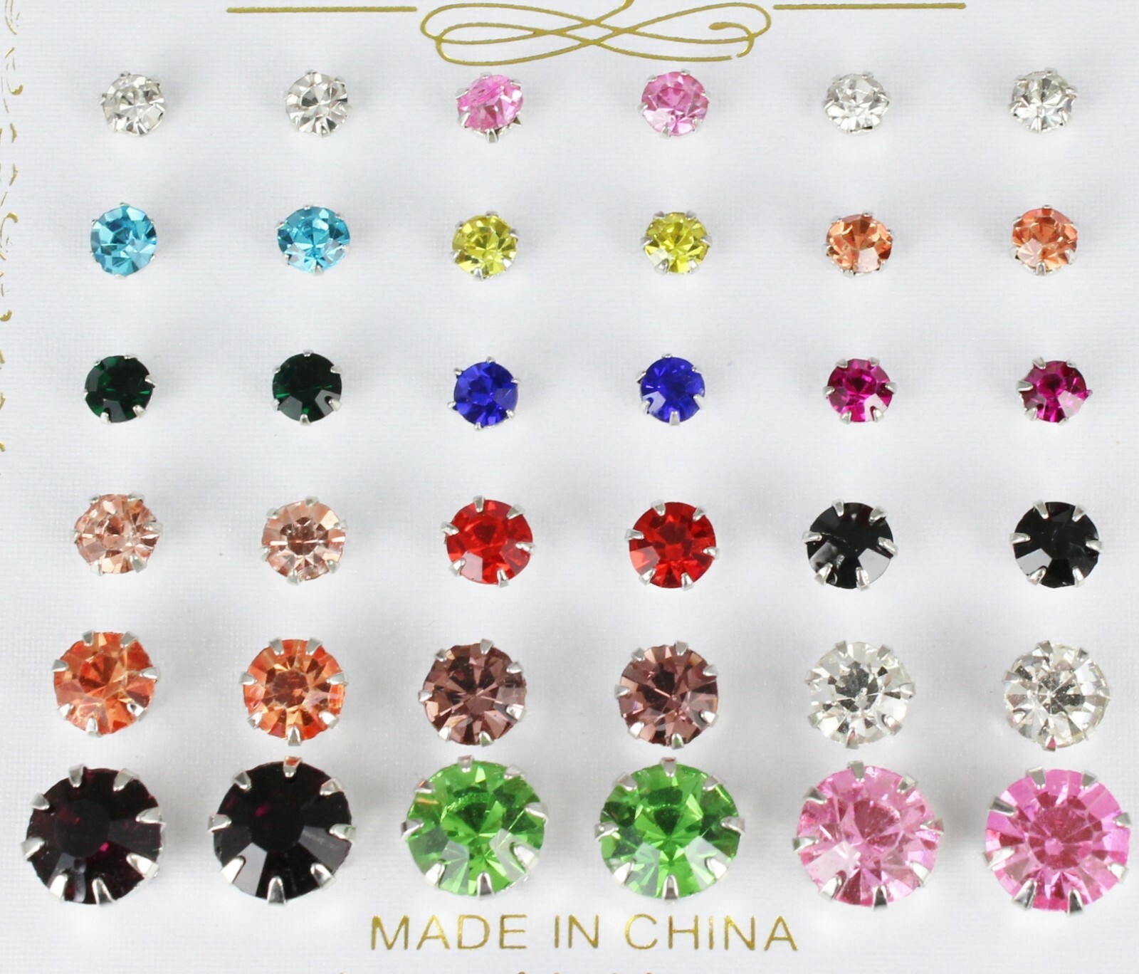 18 pair round faceted stud post crystal earrings graduated size multi color set