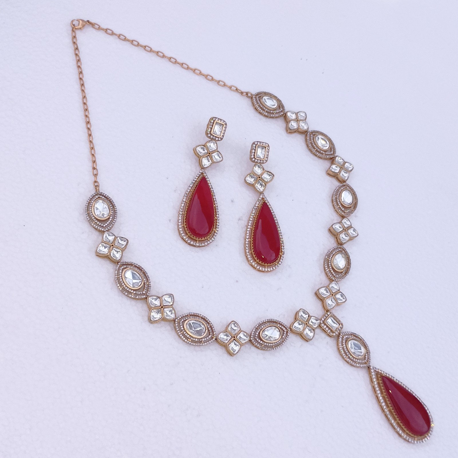 Ruby Polki Necklace Set White Kundan Earrings Gold Plated Indian Bridal Wedding