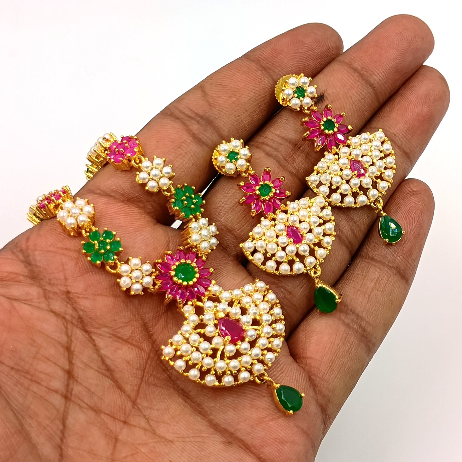 Ethnic 22K Gold Plated Kemp Ruby Emerald & Pearl Necklace Jewelry For Women