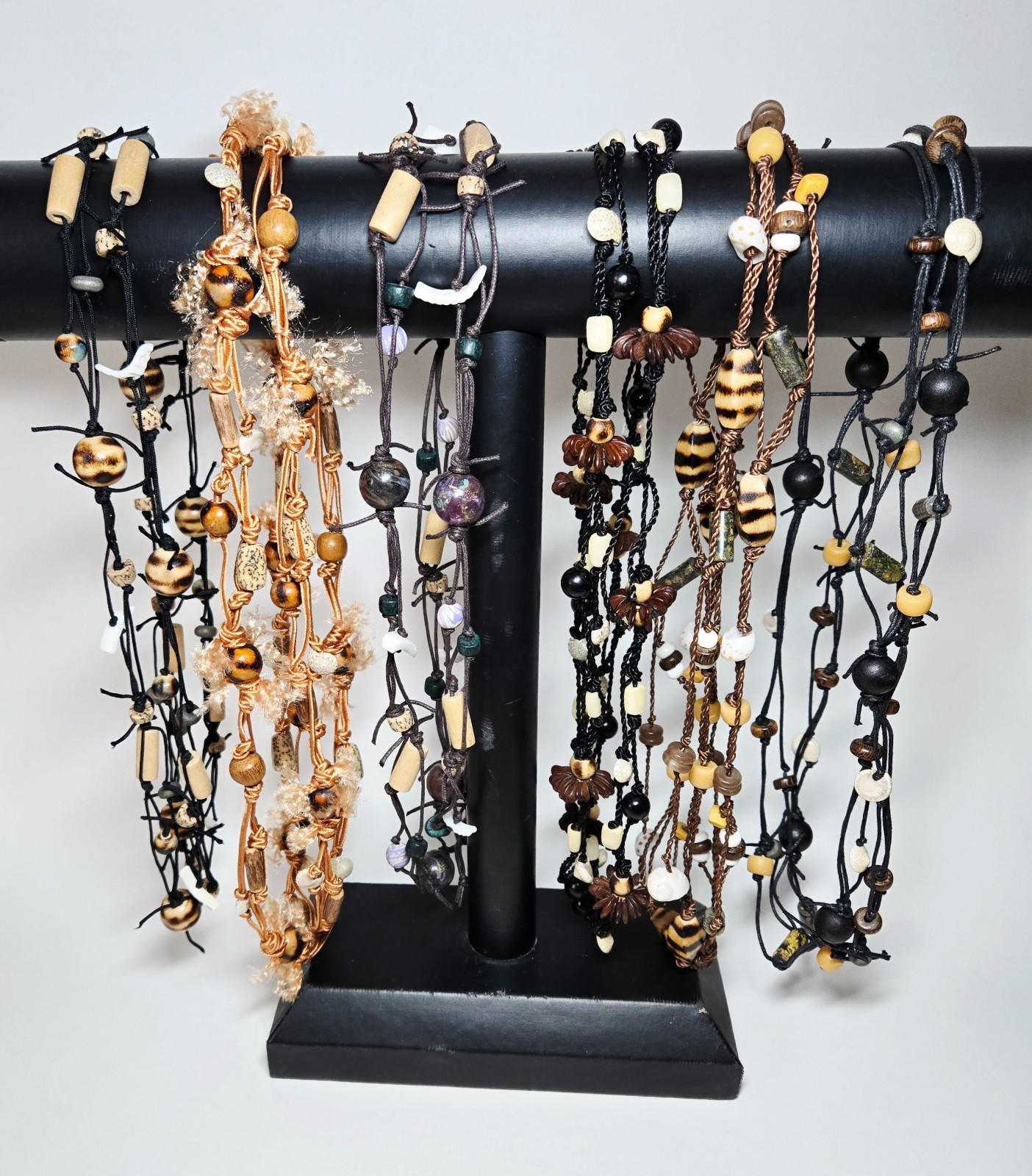 Boho Beaded Necklace Bulk Lot 20 pcs Handmade Cord Wood Bead Long Necklace Natur