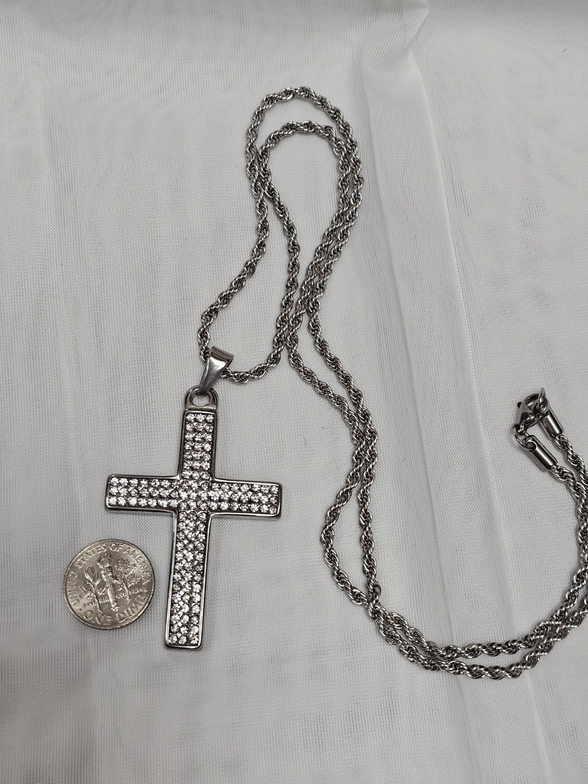 Silver Tone Religious Cross Charm Pendant Rope Chain Clear Crystal Lobster 24″