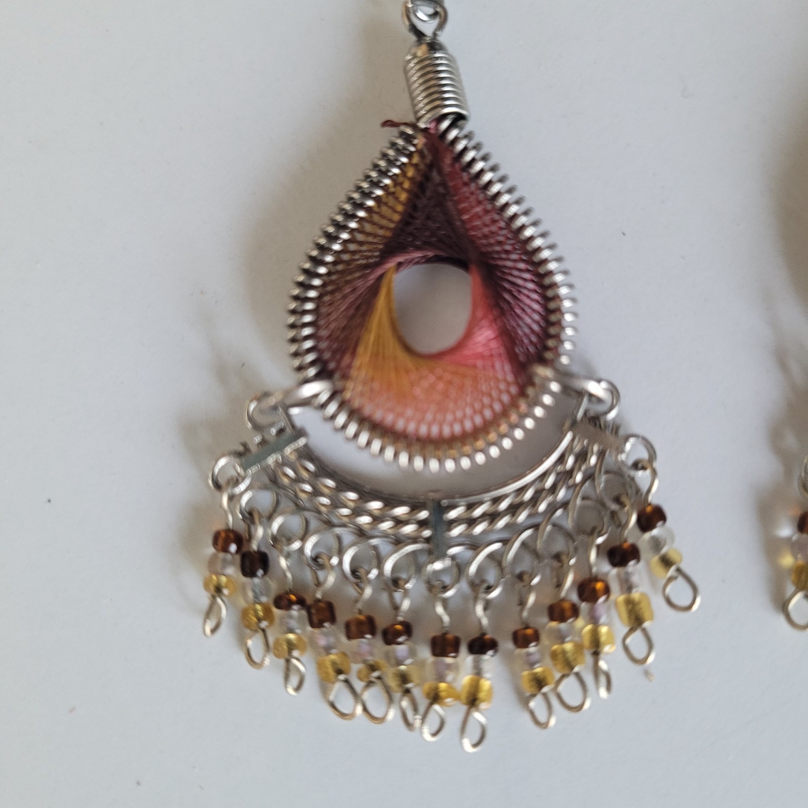 Bohemian Style Thread Teardrop Earrings Sunset Colored String Art Dangle Pierced