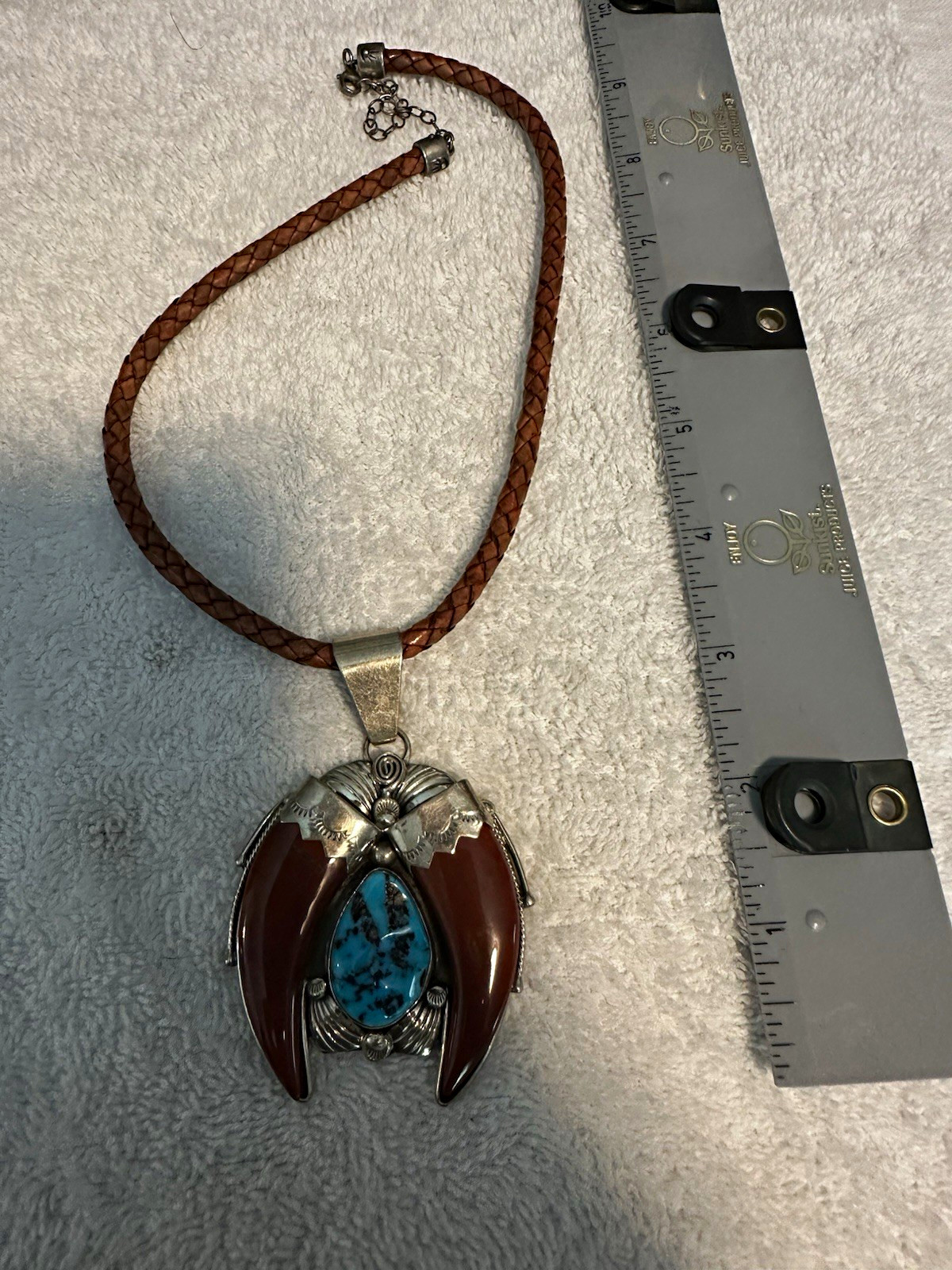 Native Made Signed RB925 Sterling Silver Turquoise & Jasper Pendant Necklace 22″