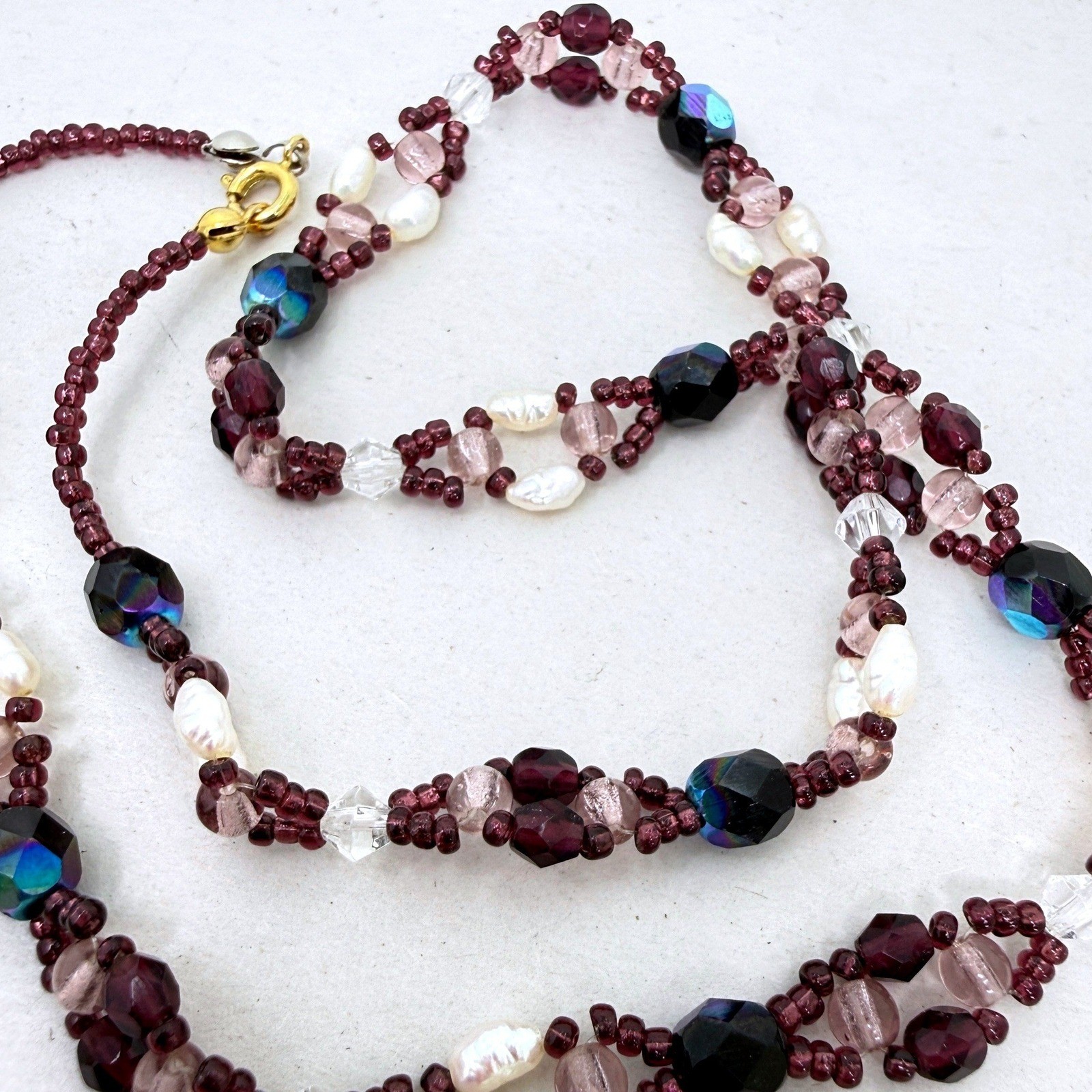 Garnet and Pearl Beaded Necklace Purple Iridescent Glass Whimsigoth Delicate