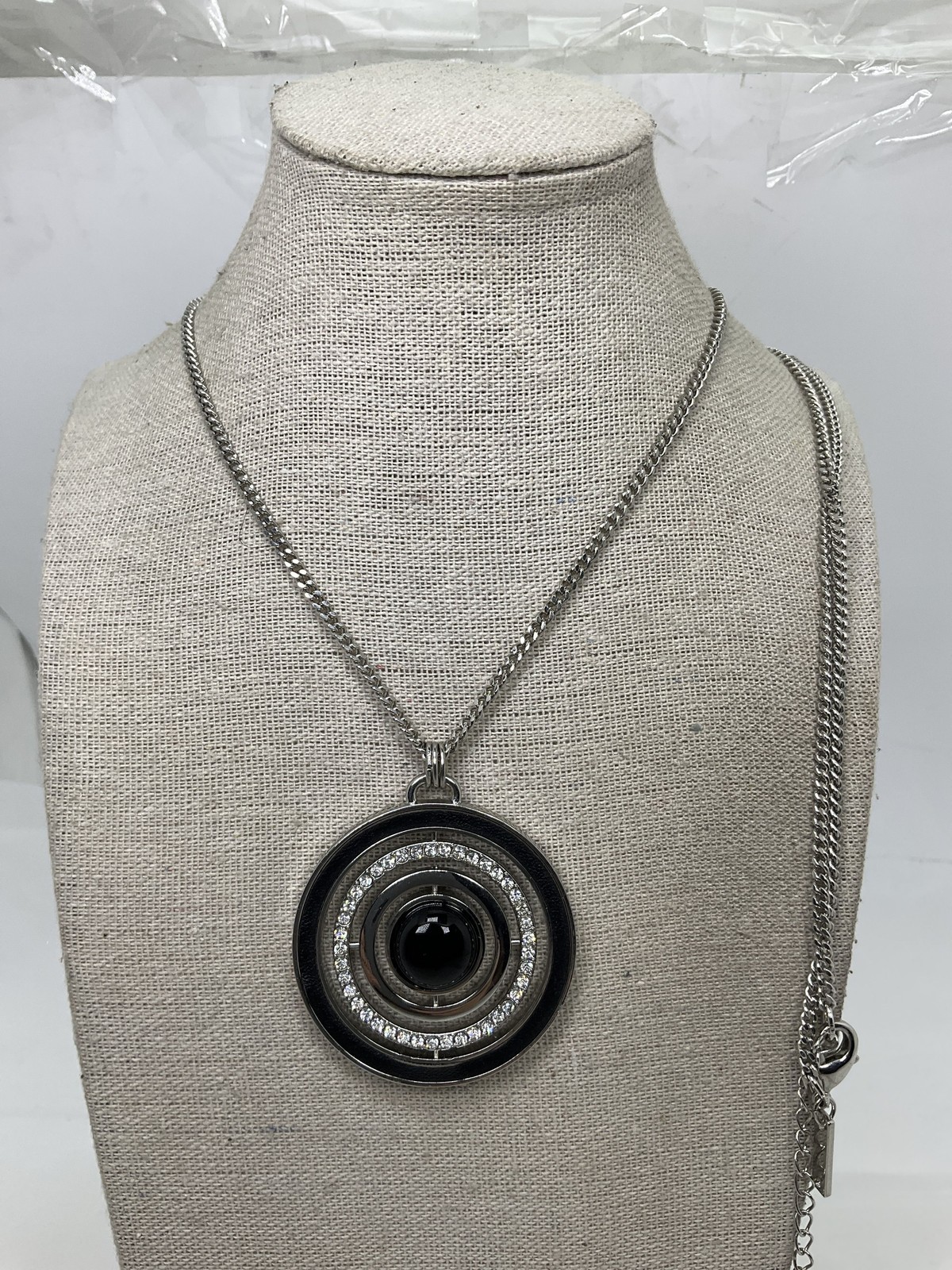 White House Black Market Black Leather Inlay & Rhinestone Pendant Necklace