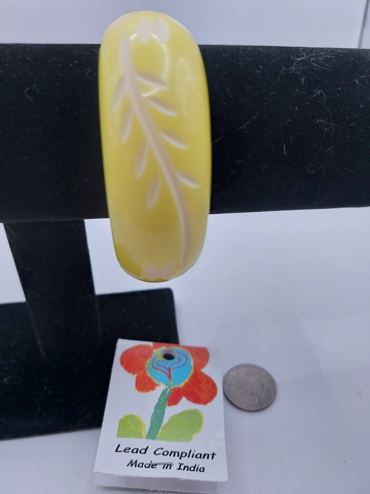 Summer Yellow Bangle Bracelet White Carved Designs All Around SZ 8