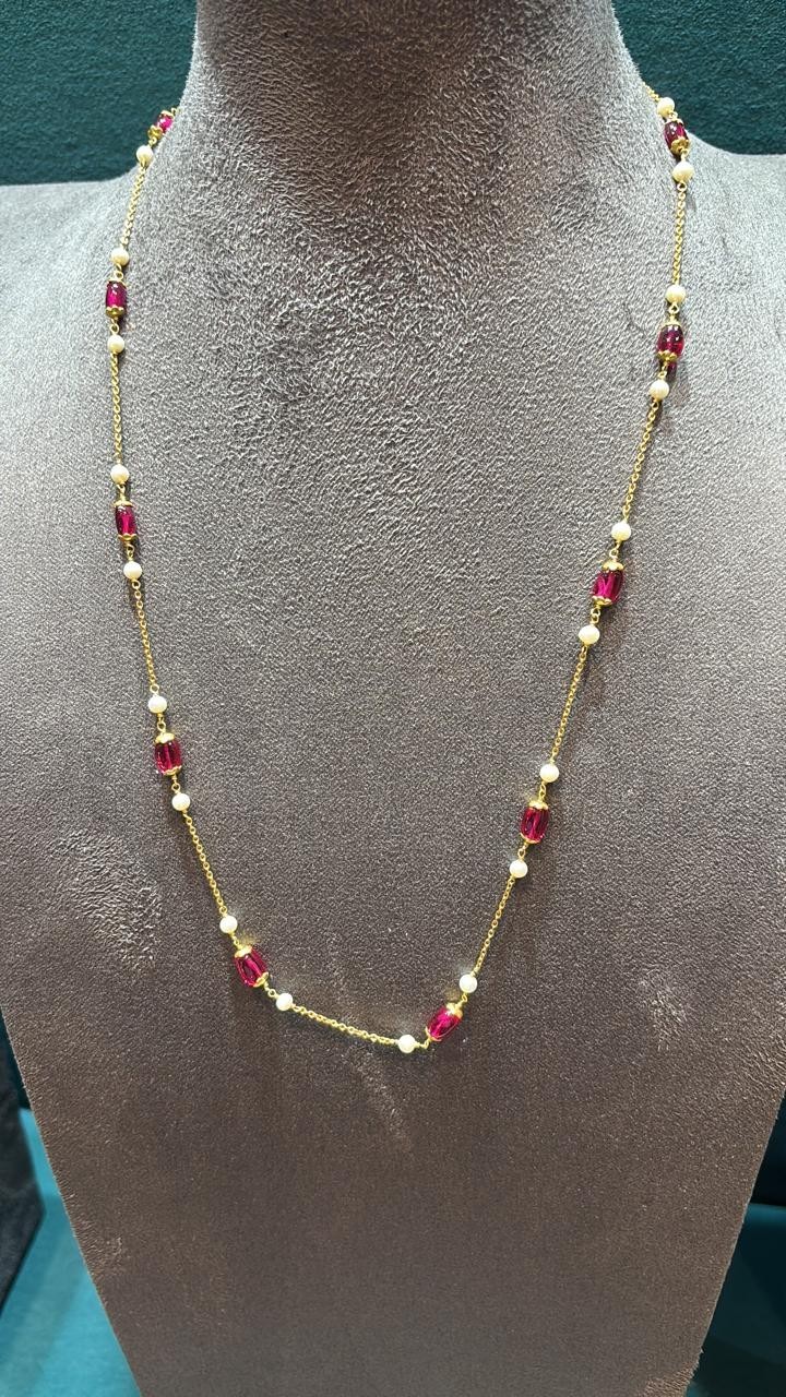 925 Silver Pink CZ & White Pearl Station Chain Necklace Gold Plated For Women