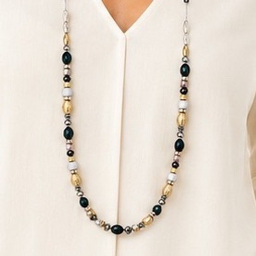 Mixed Metal Long Beaded Necklace Black Gold Silver Crystal Accents 36″ Long