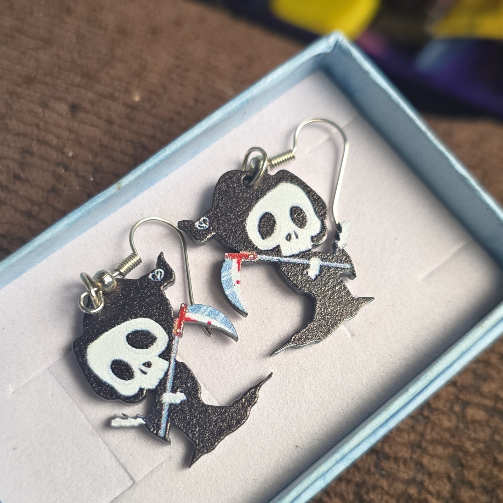 Skull Grim Reaper Dangle/Drop Hook Earrings Black White Metal Gothic Asym