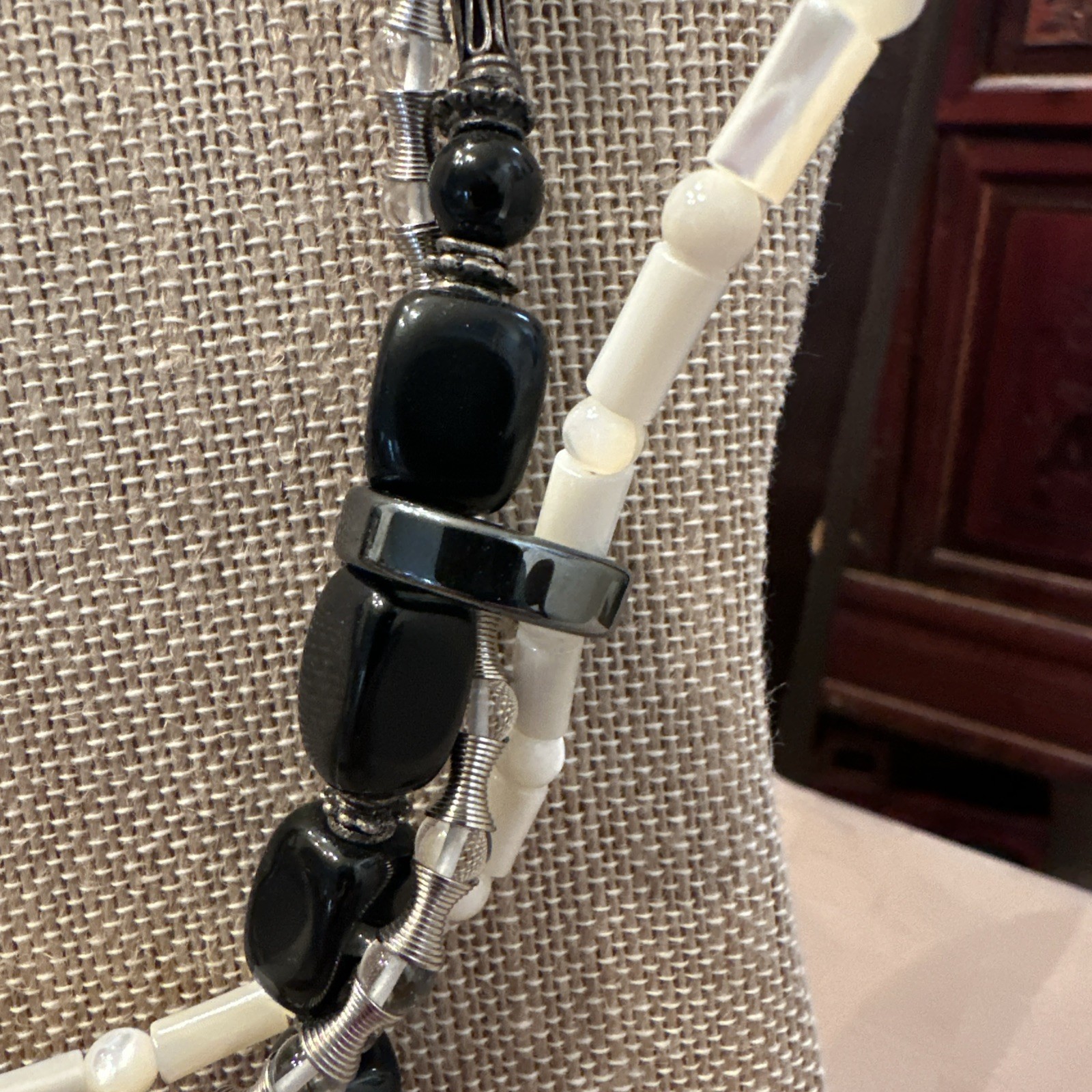 Boho multi strand necklace onyx mother pearl hematite designer statement set.