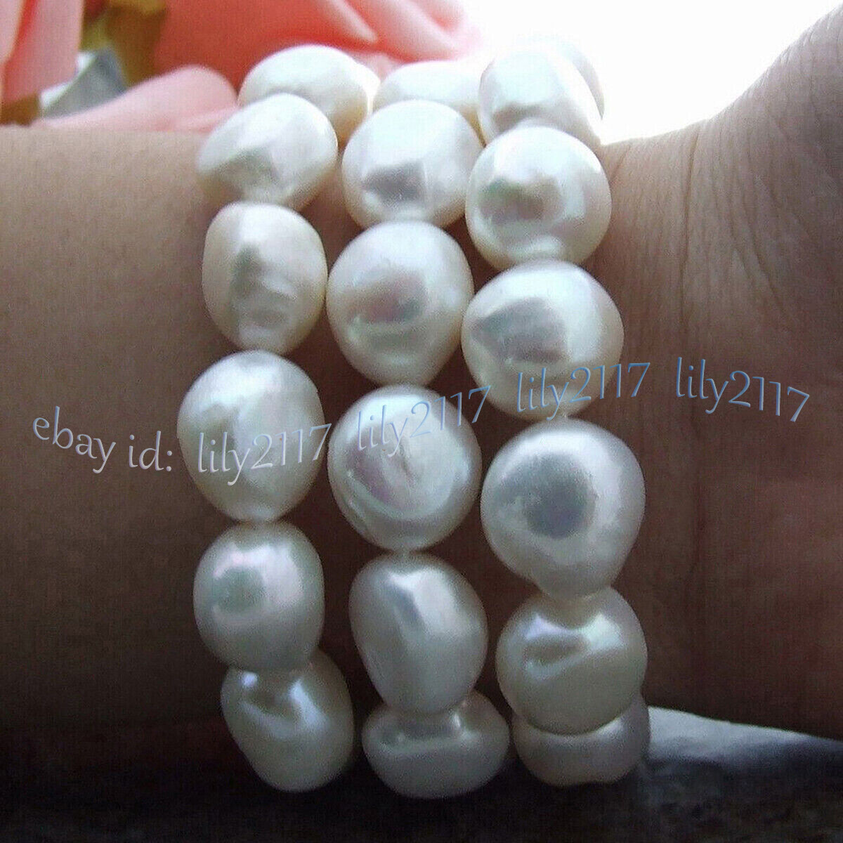8inch 3 Rows Huge Natural 12-14mm Akoya Freshwater White Baroque Pearl Bracelet
