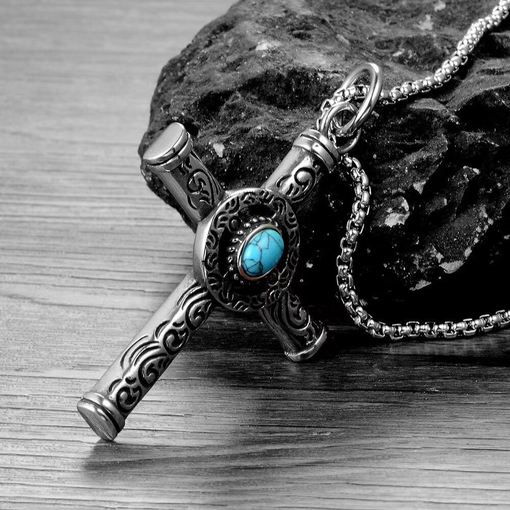 Vintage Turquoise Celtic Cross Pendant Necklace Religious Jewelry For Men Women