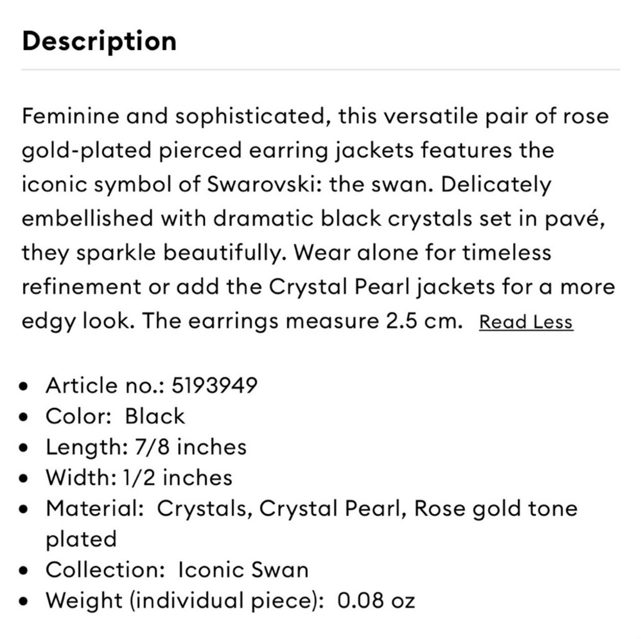 Swarovski Iconic Swan Jacket Stud Earrings Black Crystal Simulated Pearl w Box