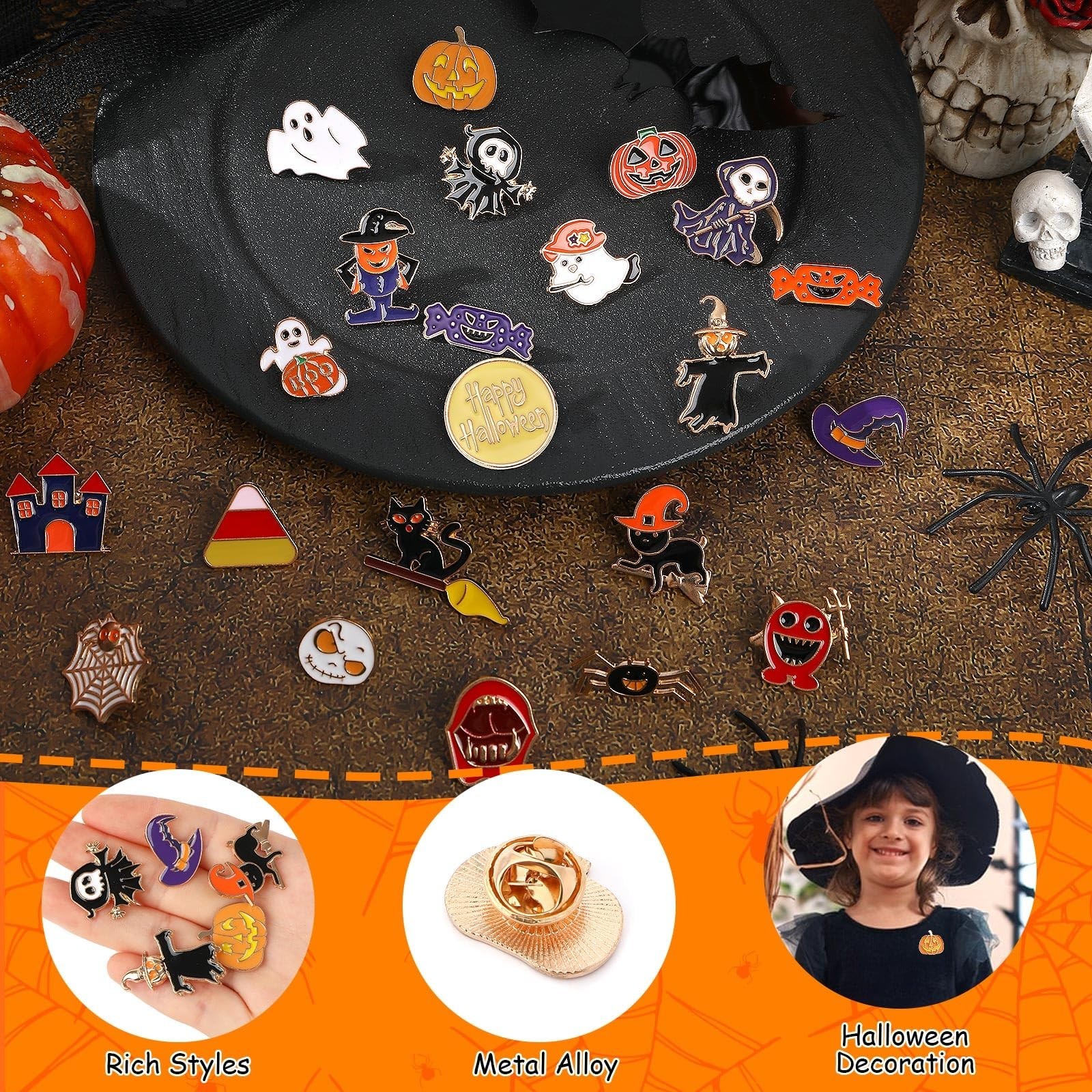 60Pcs Halloween Enamel Pins Set – Assorted Pumpkin, Ghost, Bat, Spider & Skeleto