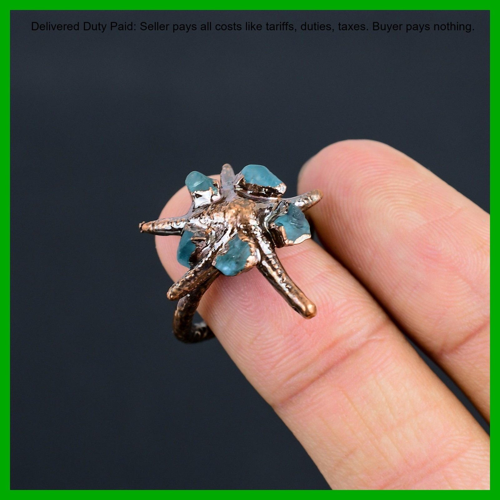 Pentagon Aquamarine Rough Stone New Electroformed Engagement Ring Jewelry Copper