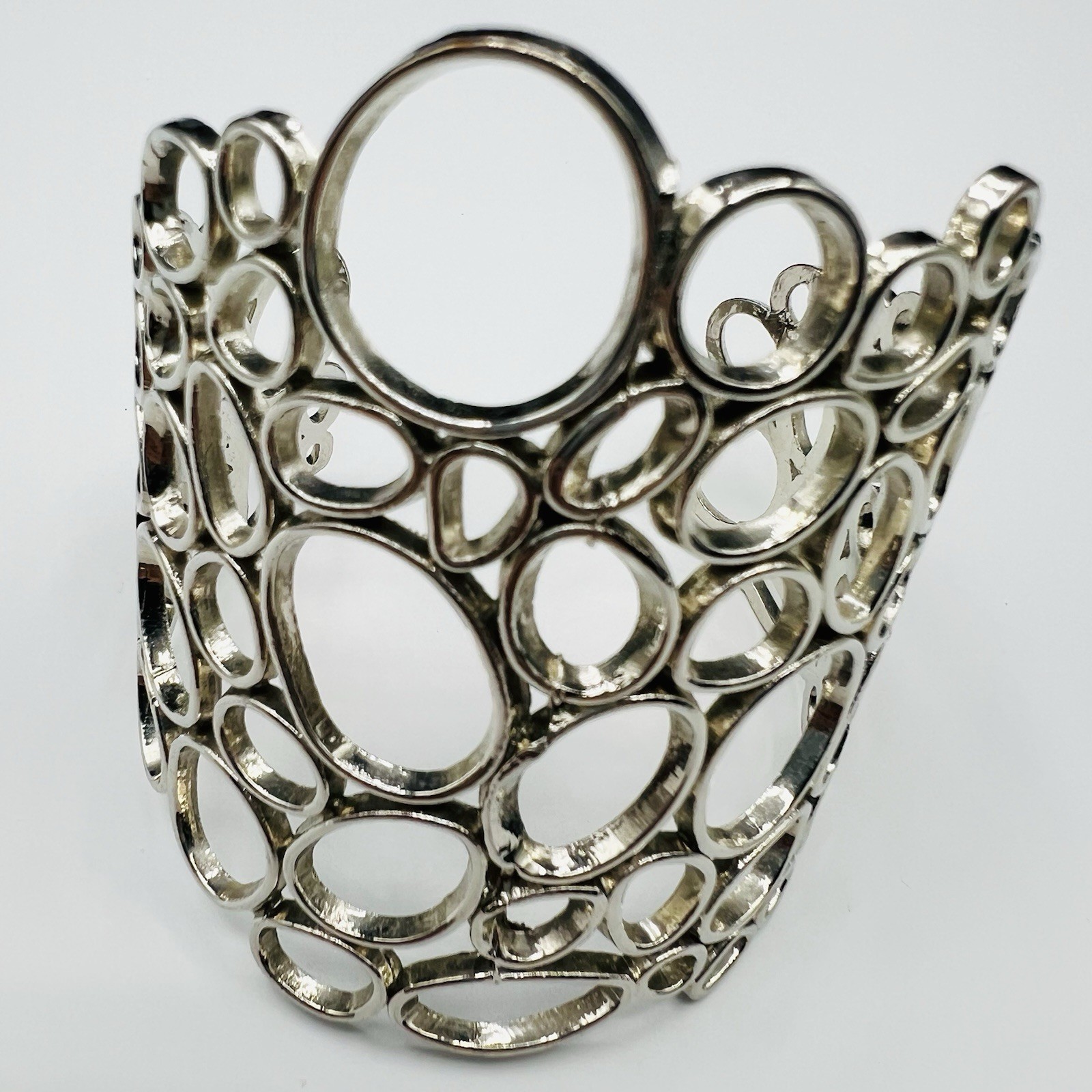 Wide Silver Tone Open Circle Cuff Bracelet Bubble Abstract Statement Modern Bold