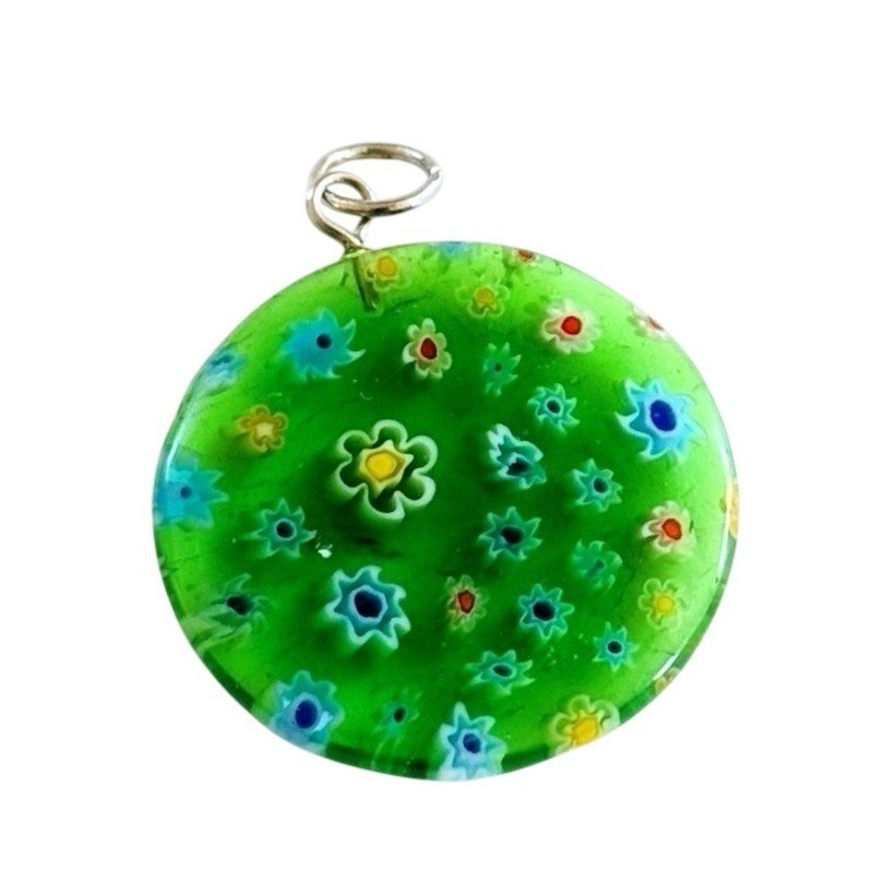 VTG Art glass Green Millefiori Round Charm Pendant charm Murano Venetian Floral