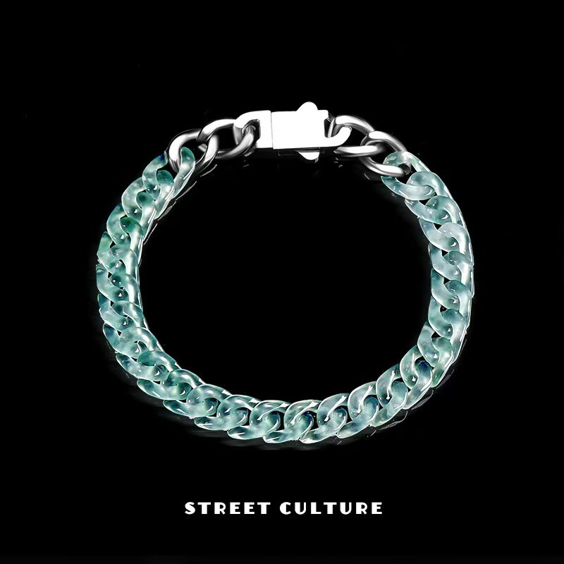 Real Grade A Natural Blue Jade Jadeite Bracelet Cuban Curb Link Chain 5.9-8.3in