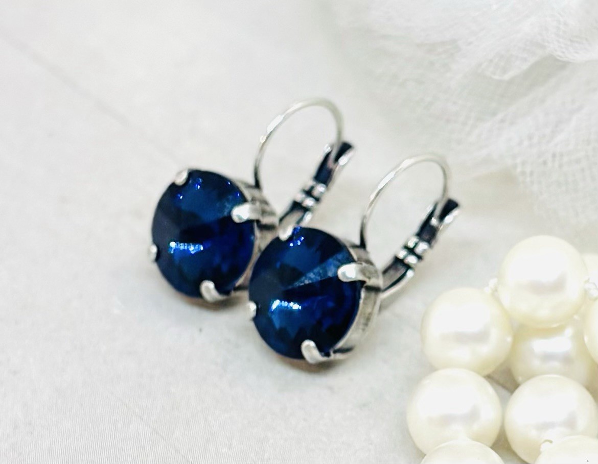 12mm Antique Silver Plated Navy Blue Cup Chain Drop Earrings