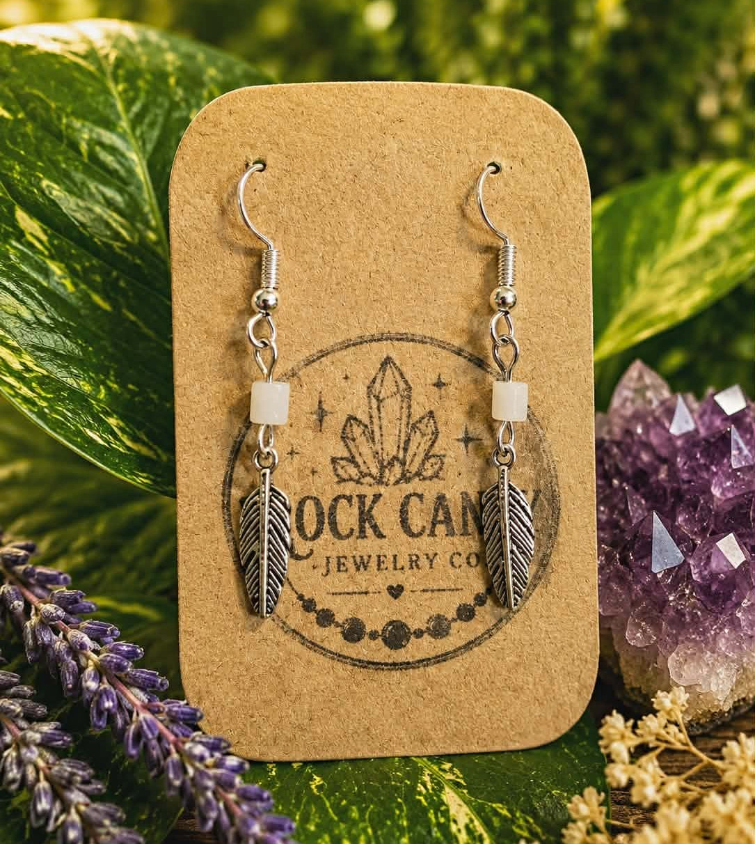 Handmade Rock Candy Jewelry Co Feather and Pearl Shell Earrings