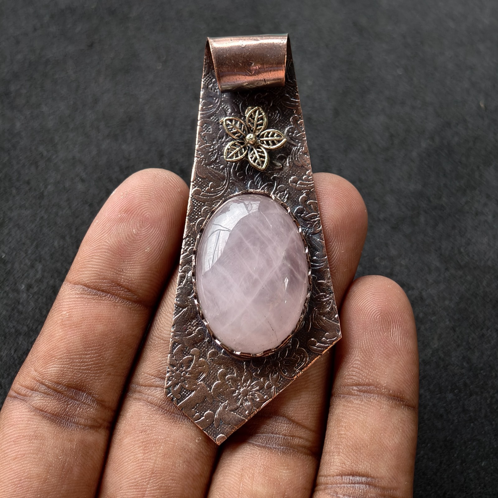 Copper Wire Wrapped Rose Quartz Pendant Necklace | Handmade Pink Crystal Jewelry