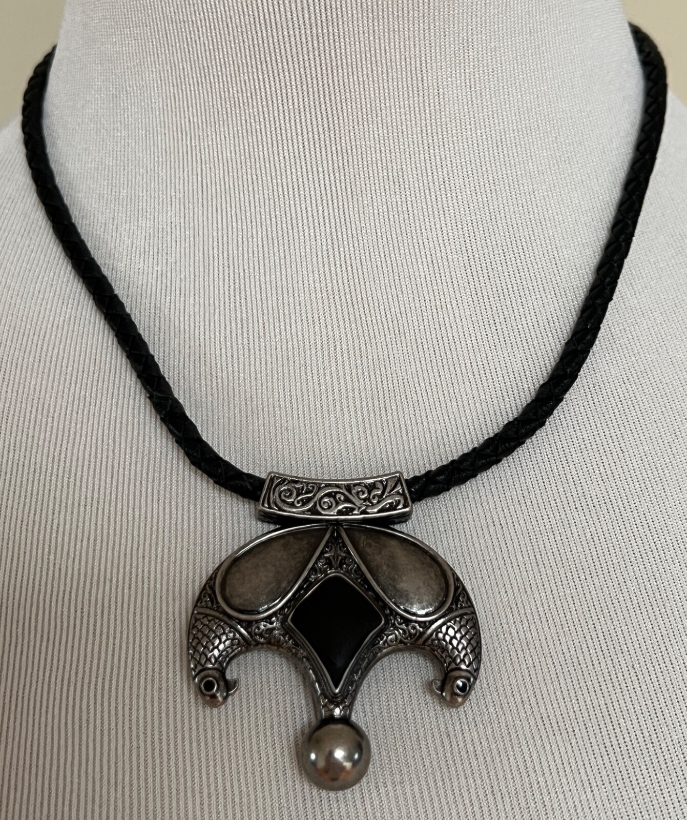 NIB Saint Laurent YSL Victorian Moon Black Braid Leather Pendant Necklace $1295