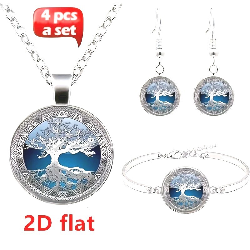 Beautiful Tree of Life Cabochon Necklace, Earring & Bracelet Jewelry Set Silvery