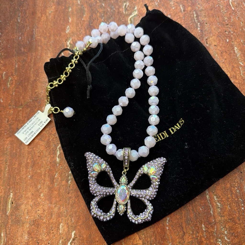 NWT- Heidi Daus Pink Gold Plated Beaded Butterfly Crystal Charm Pendant Necklace