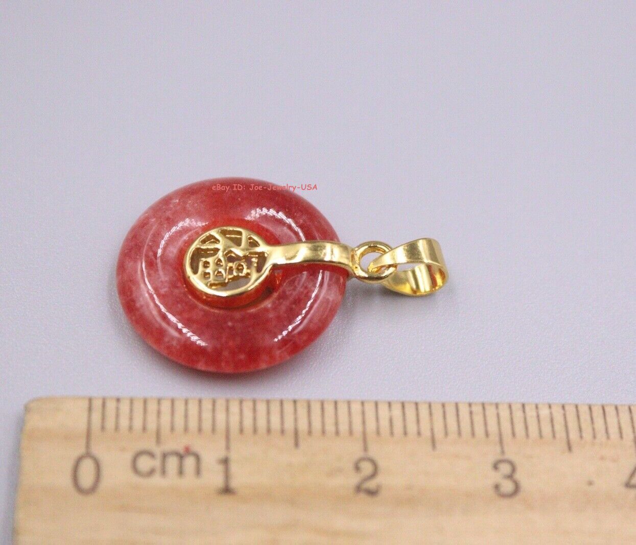 New 18K Yellow GP 福 with Red Jade Circle Pendant 1.10inch H