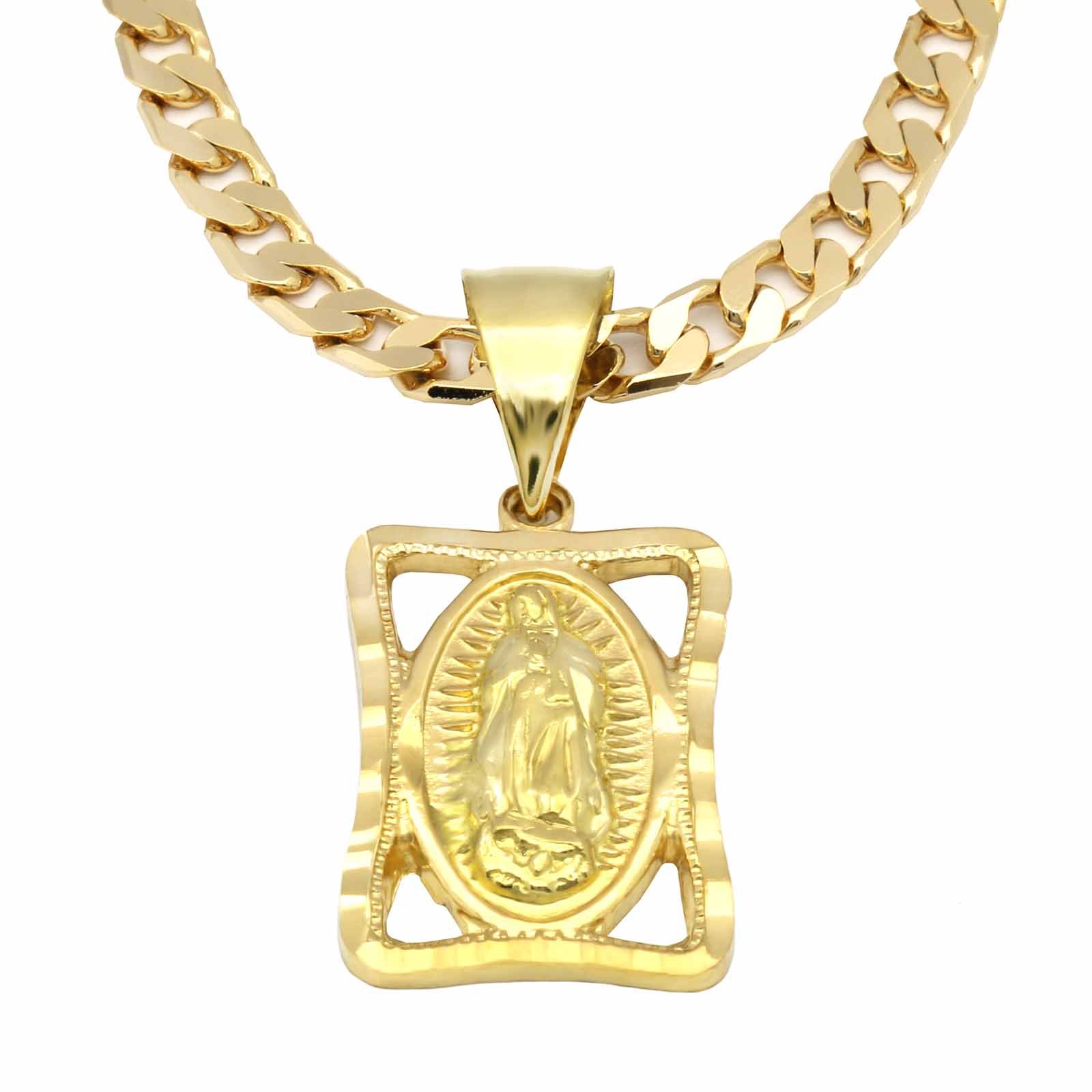 Mens 18k Gold Plated Virgin Guadalupe 5mm 24″Flat Cuban Necklace Chain (H)