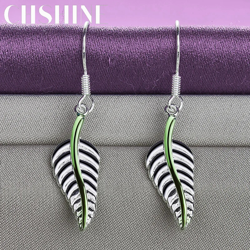 CHSHINE 925 Sterling Silver Feather Earrings Charm Jewelry Party Fashion Eardrop