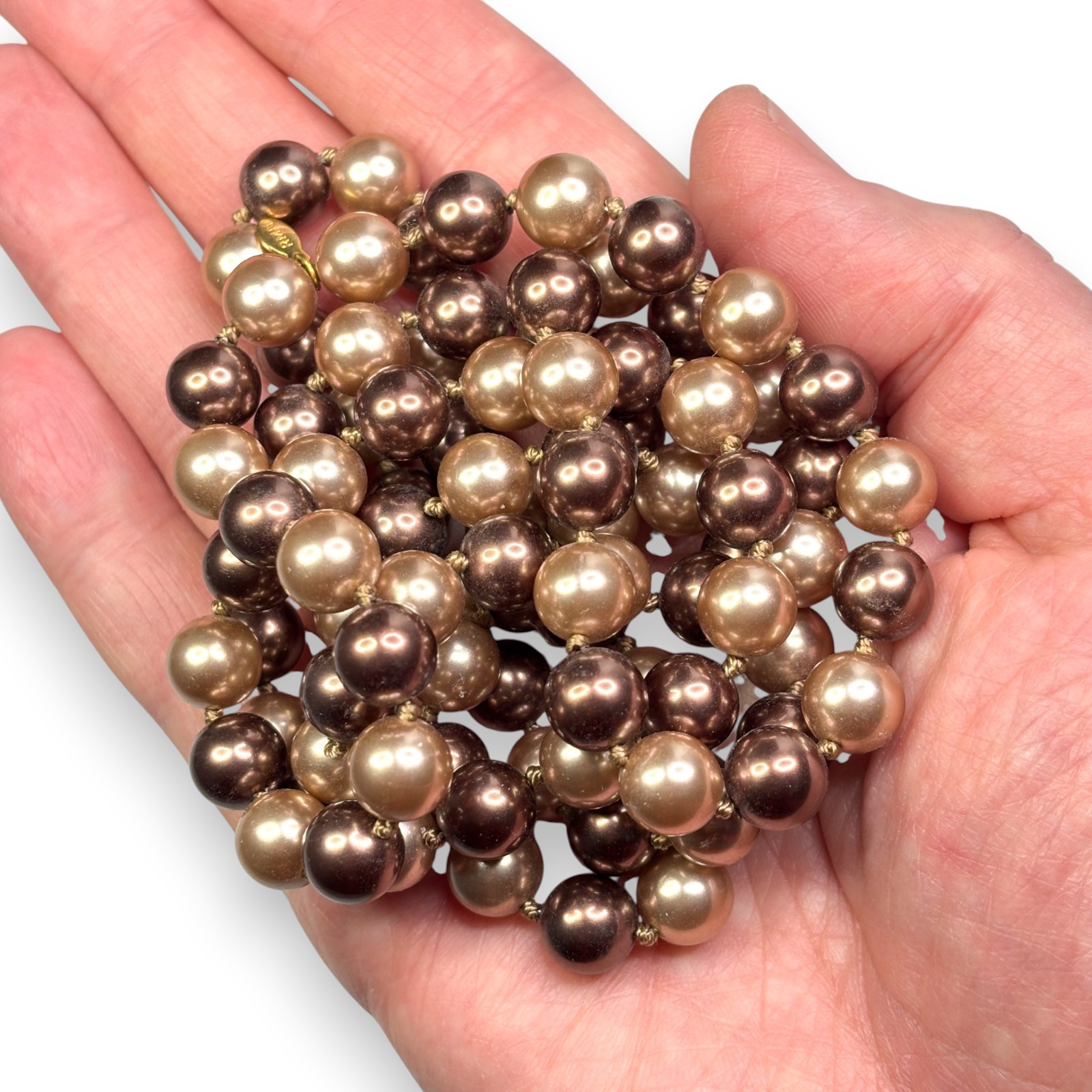 Roman Mid-Century Faux Pearl Necklace 30 Inch Brown Beige Knotted Opera Length