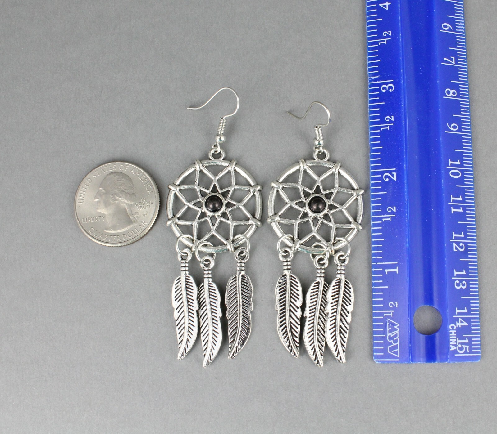 Silver dream catcher earrings dangle feather black bead lightweight 3″ long