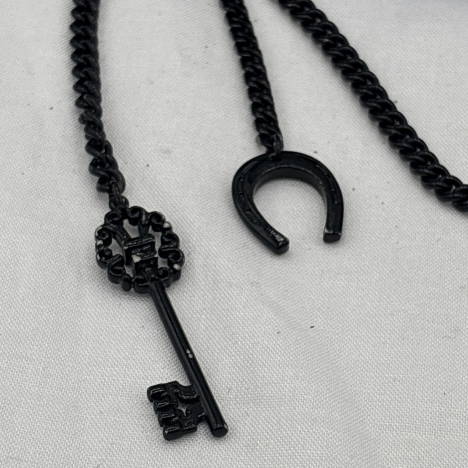 Givenchy Black Layered Chain Charm Necklace 26” Key Horseshoe Arrow Star Y2K