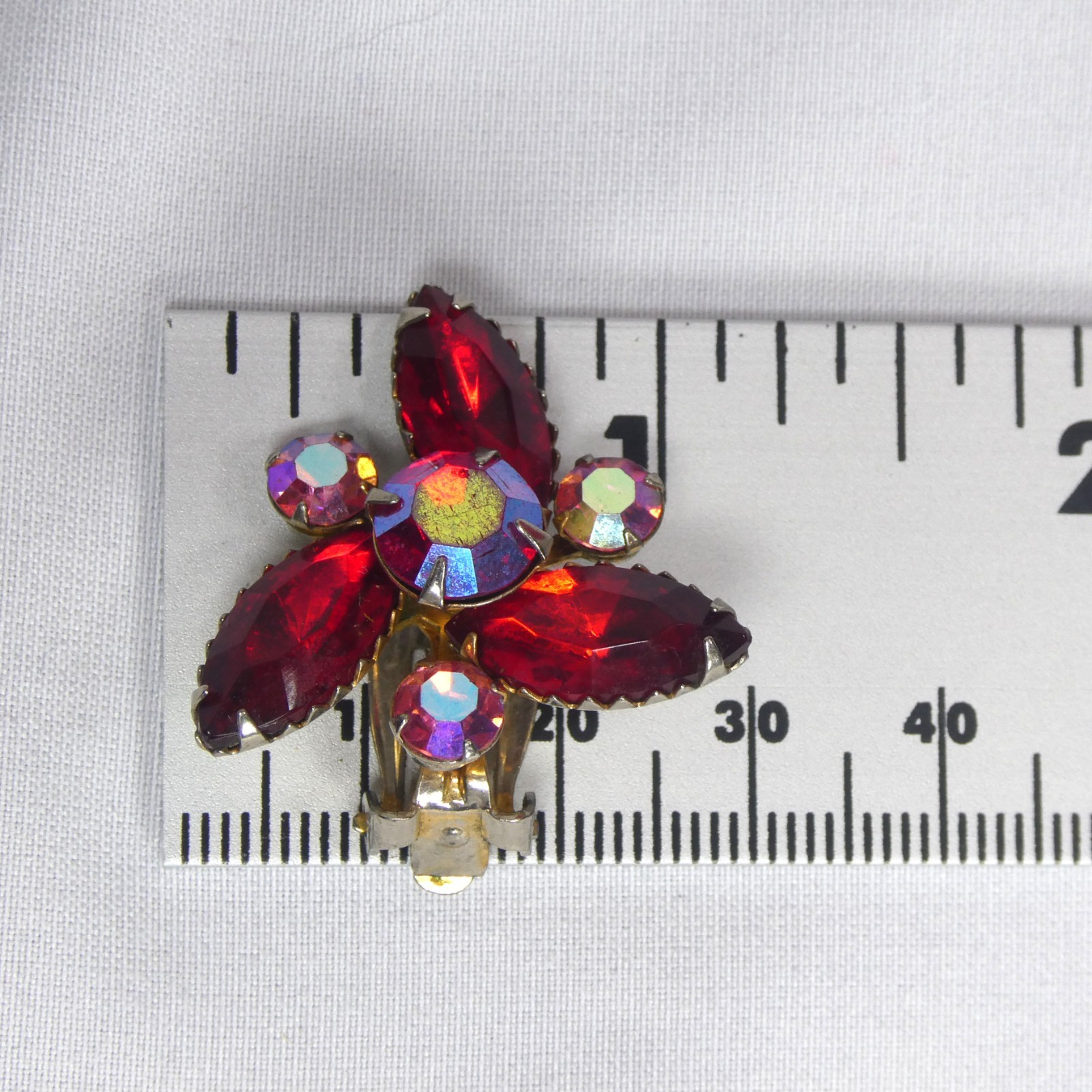 Vtg Beau Jewels Red Rhinestone Clip On Earrings Pink AB Aurora Borealis Flower