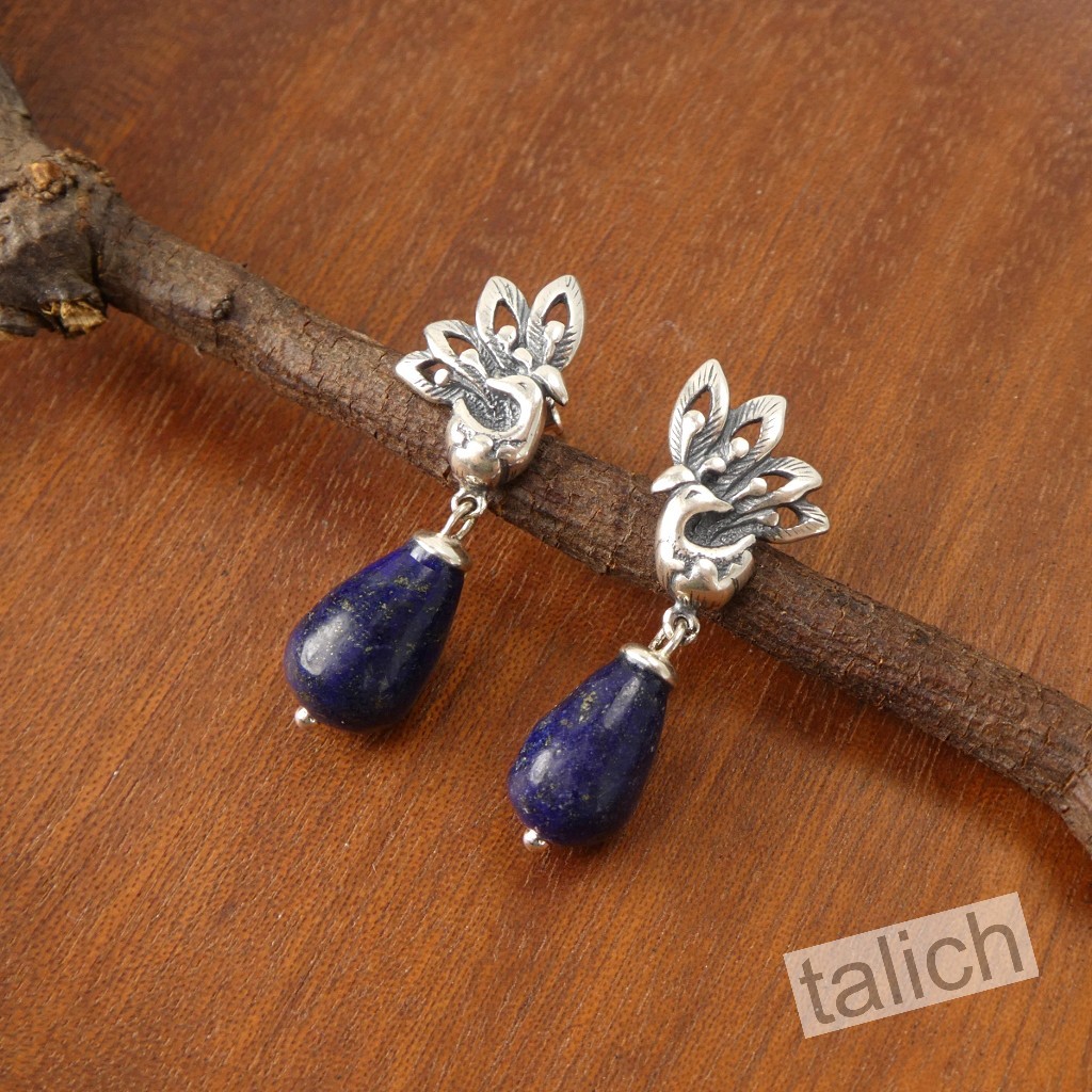 925 Sterling Silver Small Peacock Bird Earrings with Blue Lapis Bead Drop Unique
