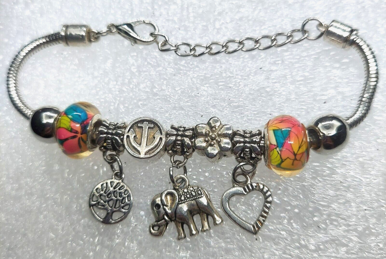 Elephant Pink Glass Bead Siver Tone Charm Bracelet Snake Chain 7-8.5 in