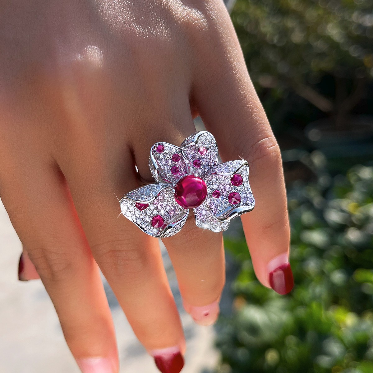 Pretty Big Flower Adjustable Ring Silver Plated Cubic Zirconia Women Bridal Gift