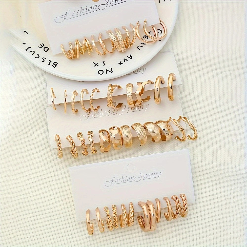 24pair Women Geometric C-Shape Wave Twist Triple-Tube Earrings Set