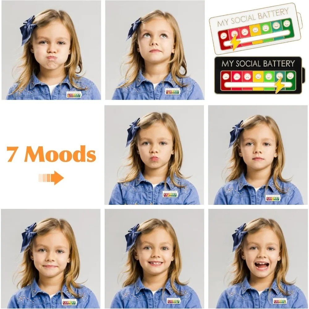 Funny Social Battery Slider Pin – 7-Mood Expression Badge, Cute Interactive Pin