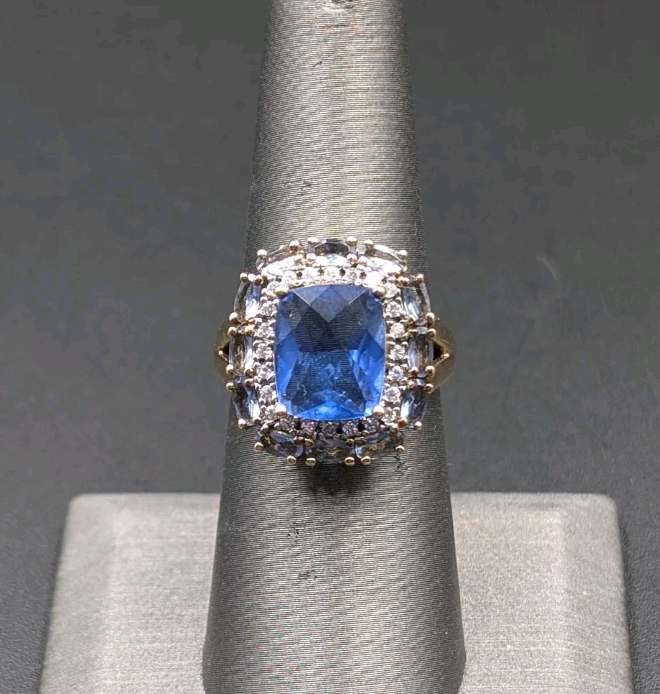 Ross Simons 14k Gold Plated Sterling 925 Simulated Tanzanite Iolite CZ Halo Ring