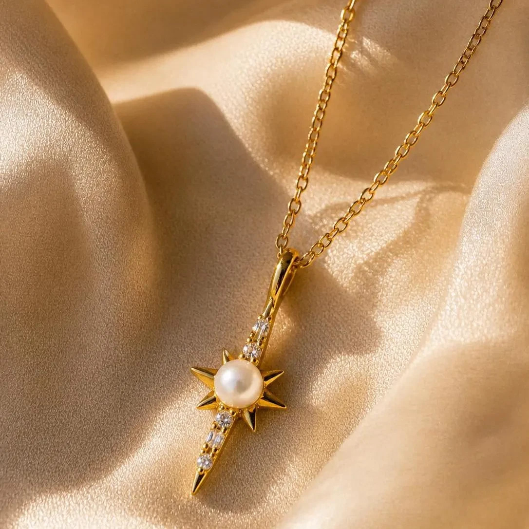 North Star Necklace Pearl Pendant 925 Sterling Silver Gold Celestial Necklace