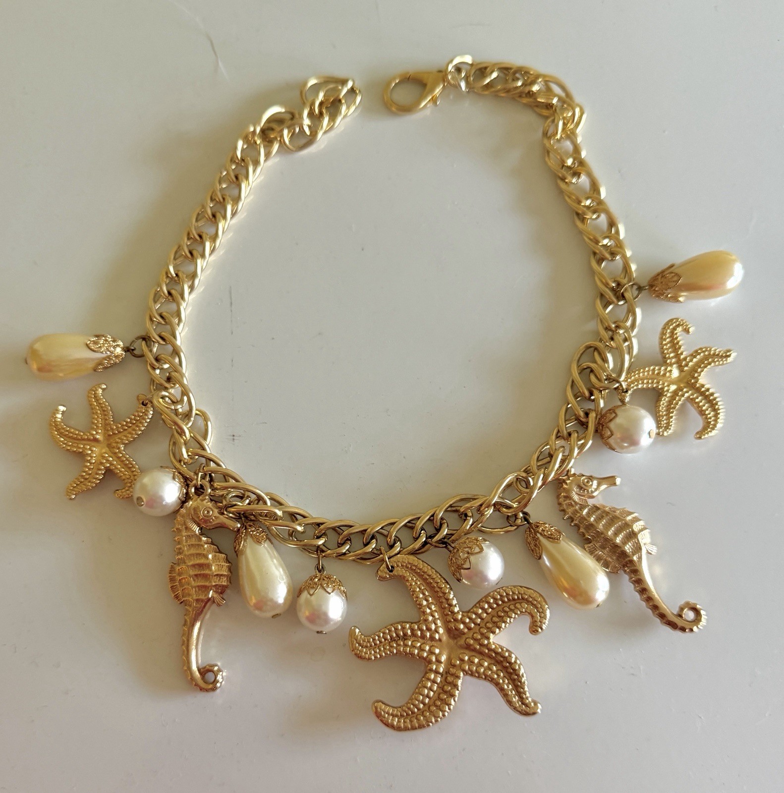 Lovely Beach Sea Life Necklace With Starfish, Sea Horses and Faux Pearls, 16”