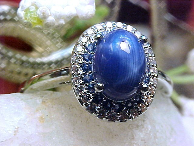 Genuine Blue Star Sapphire Ring 8x6mm & Blue Topaz 925SS White Gold Finish Sz 10