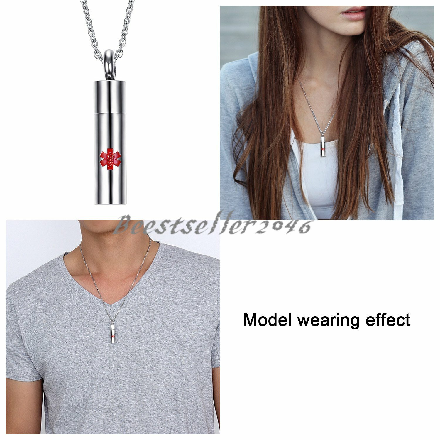 2pcs Stainless Steel Keepsake Container Holder Medical Alert Pendant Necklace
