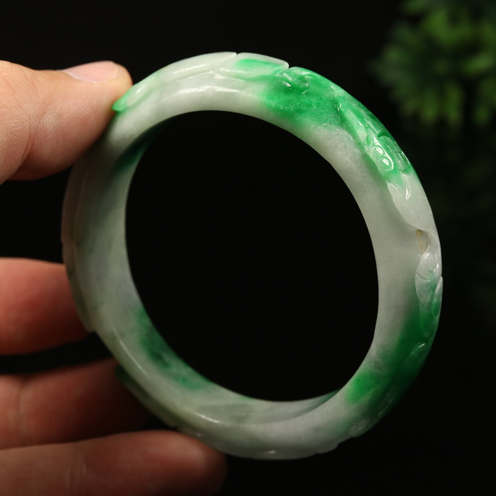 58mm White Emerald Green Jadeite Jade Bracelet Bangle Ruyi Rabbit Bat A-14597