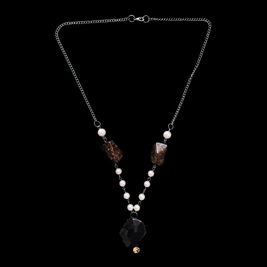 Faux Pearl + Smoky Quartz-Style Pendant Necklace