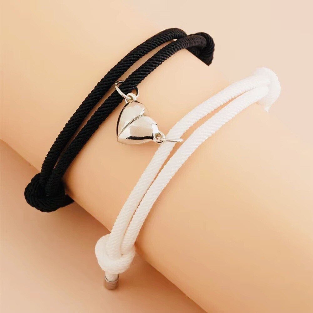 2Pcs Black & White Rope Braided Couple Bracelet Set – Magnetic Heart Charm Jewel